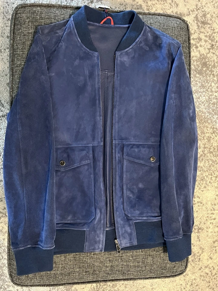 Isaia Perforated Suede Bomber Jacket - Navy - Size 52 (IT) - BRAND NEW w/ TAGS - Image 3 of 4