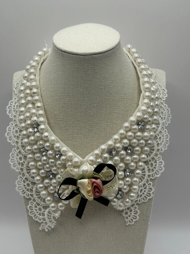 手工珍珠花边可拆卸衣领项链水钻蝴蝶结花卉围兜 — 第 2/4 张图片