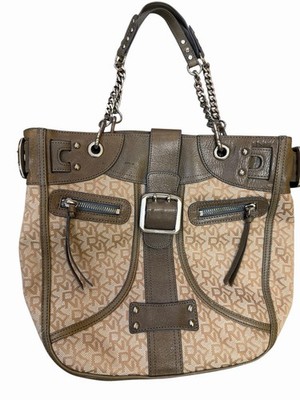 Y2K DKNY Beige Brown Logo Shoulder Bag with Buckle & Zipper Accents