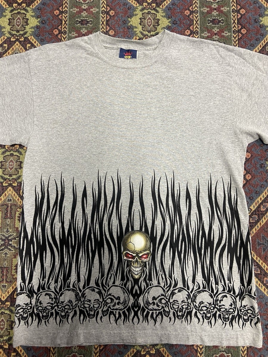 Vintage 90s Y2K Jnco Jeans T-Shirt Short Sleeve Skull Tribal Gray
