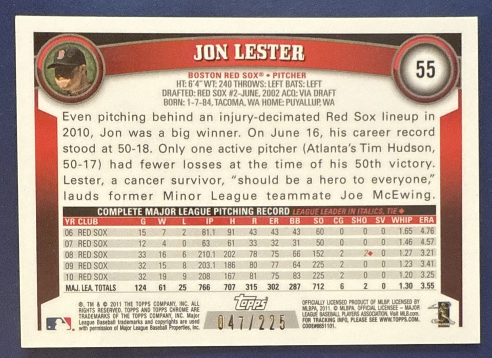 Jon LESTER🔥2011 Topps Chrome Atomic Refractor #55 47/225 Red Sox Cubs💥 - Image 2 of 2