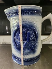 Vintage Blue White Glaze Stoneware Pitcher  Bluebird Medallion Estate Primative 