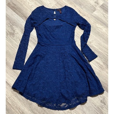 Material Girl Blue Lace Long Sleeve Cutout Skater Party Dress small