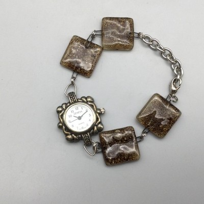 Geneva Womens Watch 21mm Silver Tone Brown Glass Beads New Battery 7.5''