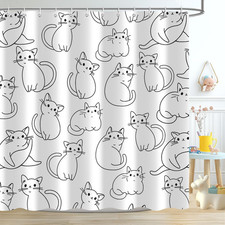 Cute Cat Shower Curtain, Funny Black and White Cartoon Cat Kids Bathroom Curtain