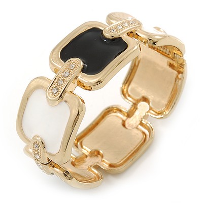 Schwarz/weiß Emaille quadratisch, Kristall Klapp Armreif Armband in goldfarben - 19 cm L