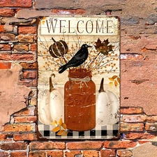 Fall Welcome Sign Vintage Metal Wall Decor Autumn Pumpkin Crow Mason Jar Plaque