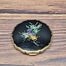 Stratton Powder Compact Mirror Enameled Floral Black Gold England No Puff