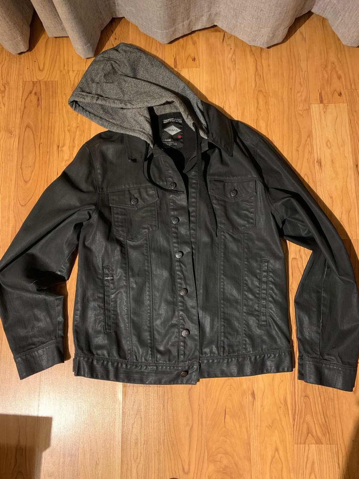 DRAVUS Drawstring Tie Button Black Denim Hooded J… - image 1