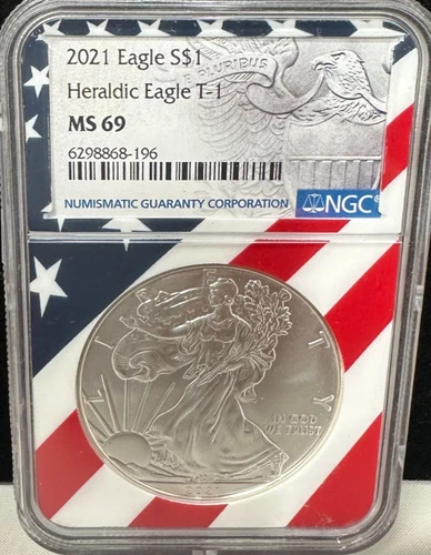 2021 Type 1 $1 AMERICAN SILVER EAGLE NGC MS69 USA FLAG CORE HOLDER