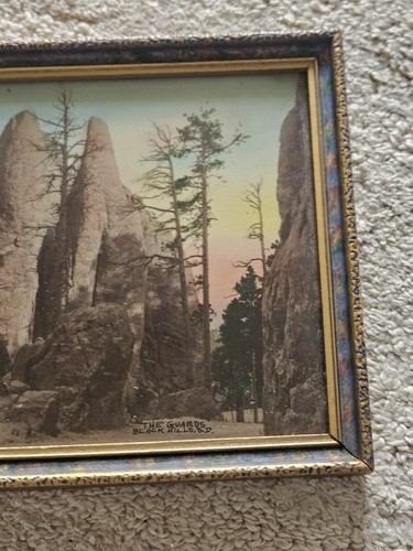 1940 Farbdruck gerahmt The Guards Black Hills SD Bäume Dämmerung Dämmerung gold blau Holz - Bild 4 von 8
