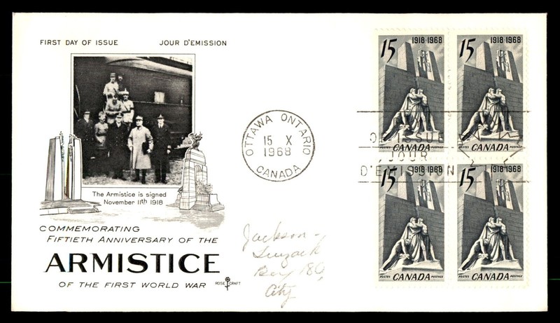 Mayfairstamps Canada FDC 1968 block Armistice anniversary rose craft First Day C