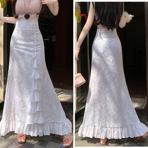 Women Fish-tail Skirt Punk Vintage Jacquard Lace Up Mermaid Skirt Court Style - Picture 5 of 17