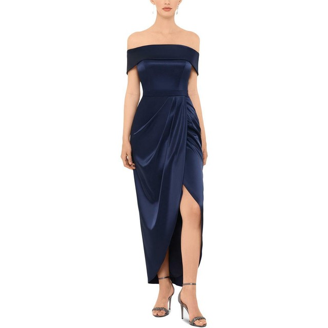 xscape off the shoulder satin gown