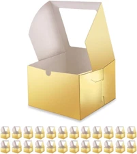 25 Gold Bakery Boxes with Window, 6X6X4 Inches Cake Boxes with Window, Treat Box