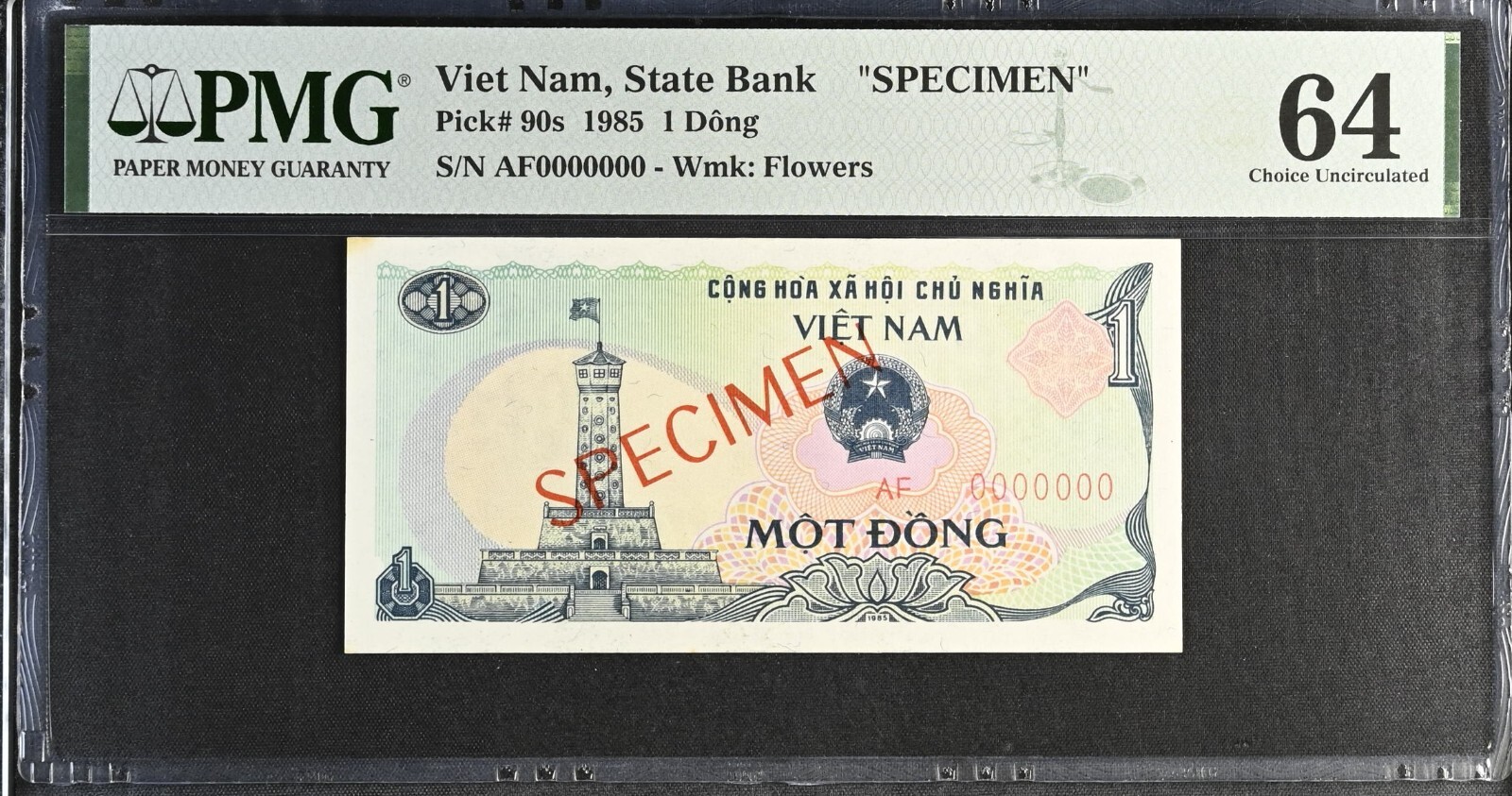Vietnam P-90s 1 Dong 1985 Block AF Specimen PMG 64