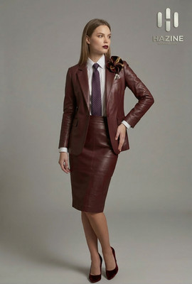 Hazine Women s Premium Burgundy Leather Suit - Handcrafted Blazer & Pencil Skirt