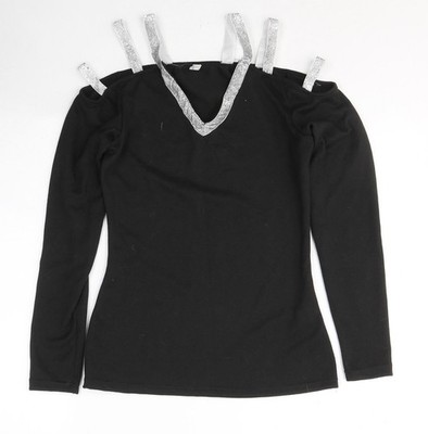 Modischer Damen Pullover Pulli schwarz V-Ausschnitt Polyester Größe M