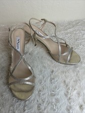 NINA Blossom Gold Metallic Fabric Crystal Embellished Strappy Heels Sz 9.5M