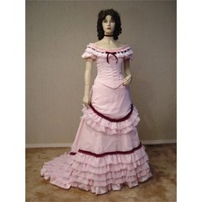 Pink Off Shoulder Victorian RuffledTiered Historical Ball Gown Civil War Costume