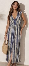 FOREVER 21 Blue White Striped Maxi Dress V-Neck Sleeveless Drawstring XL