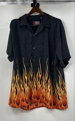 Pineapple Connection Short Sleeve Flame Button Down Shirt Men's 3XB Black Orange