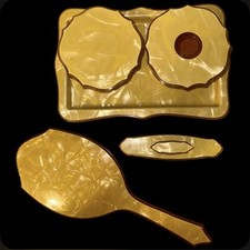 Art Deco Celluloid 5 Pc Vanity Set 1930s Mirror, Buffer, Tray 2 Containers