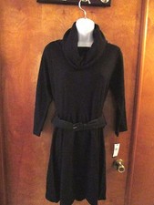 Ladies "AB Studio" Size L, Black, Cowl Neck, 3/4 Sleeve, Belted, Sweater Dress