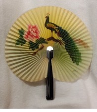 Vintage Ladies Asian Style Metal w/ Paper Small Hand Fan Black Peacock Floral