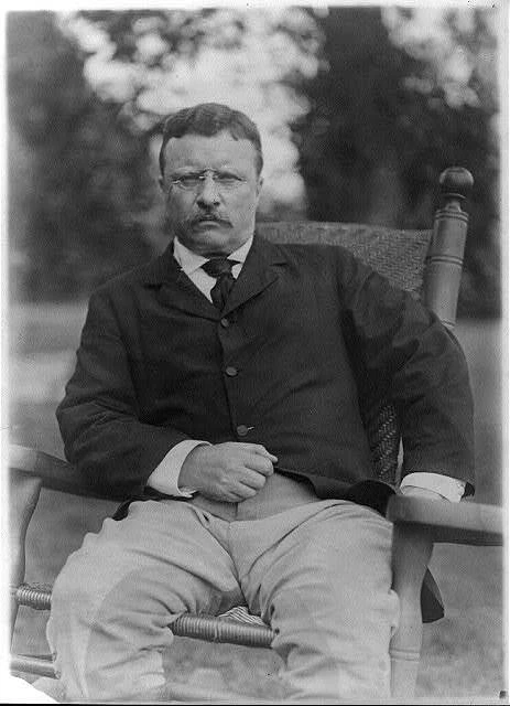 Theodore Roosevelt President Teddy rocking chair outdoors trees c1906