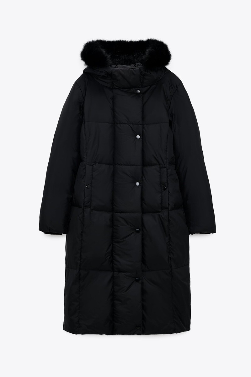 ZARA DOWN Hooded Long Puffer Coat Faux Fur Trim Black 8073/262 | eBay
