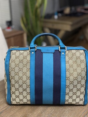 【GUCCI】GG Supreme Web Stripe Canvas Tote Bag Blue Gucci Vintage Web Boston GG Canvas Stripe Handbag turquoise