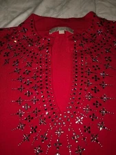 Joan Vass L jeweled rhinestone Red Sweater tunic BEAUTY 