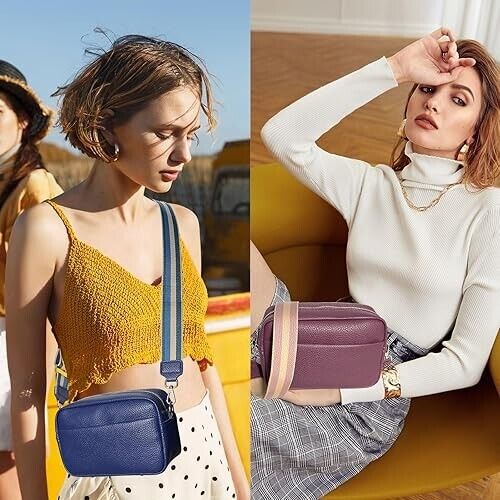 Navy Dark Blue Leather Shoulder Bag Handbag Zipper Square Crossbody Wide Strap - Picture 4 of 6