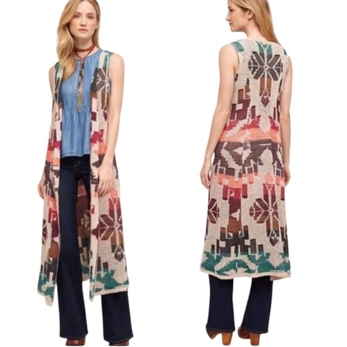 Anthropologie Cecilia Prado Colorful Aztec Open Front Long Cardigan Sz M Western