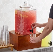 5 Gallon Hammered Glass Beverage Drink Water Ice Tea Dispenser Jar Wood Stand