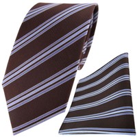 Tigertie Seidenkrawatte +Seideneinstecktuch Dunkelbraun Blau Hellblau Gestreift