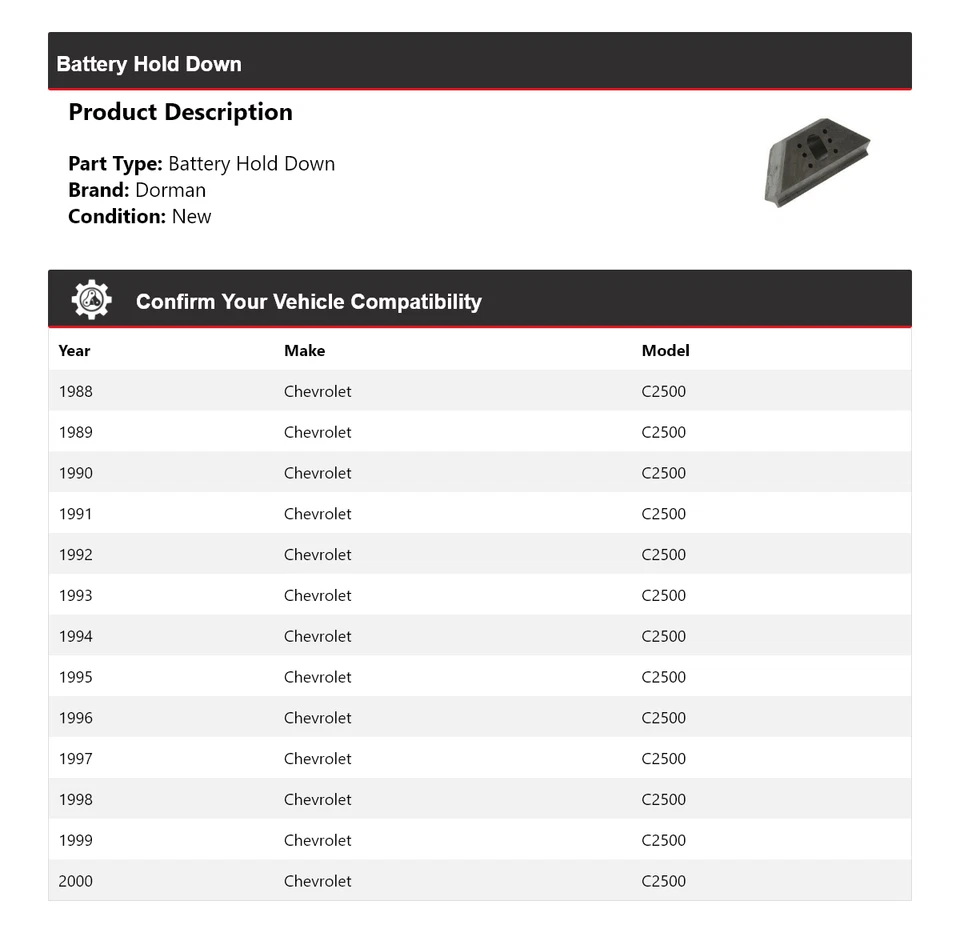 Retención de batería para Chevrolet C2500 Dorman 1988-2000 1989 1990 1991 1992 1993 Foto 2 de 4