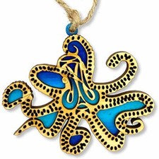 Octopus Coastal Christmas Tree Ornament, Handcrafted Wood Holiday Keepsake