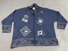 Graver Studio Cardigan Sweater Womens 3X Blue Embroidered Beaded Floral Zip