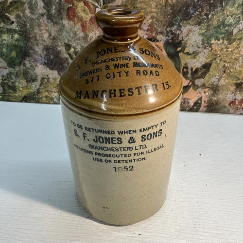 Vintage 1952 S.F. Jones & Sons Stoneware Jug Brewers Flagan Manchester Collector