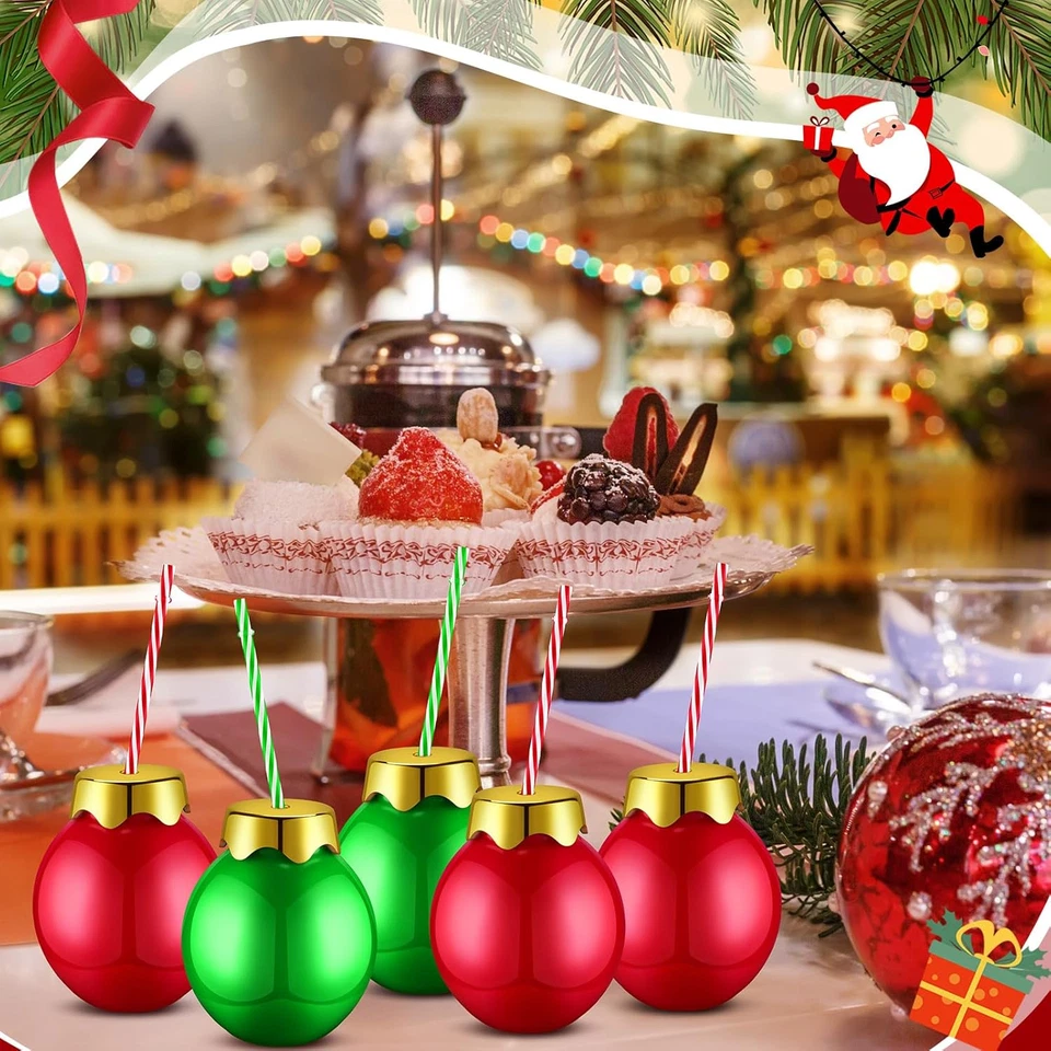 12 Piezas Bolas de Plástico de Navidad Tazas con Tapas y Pajitas Forma de Bola Roja y Verde Foto 2 de 4