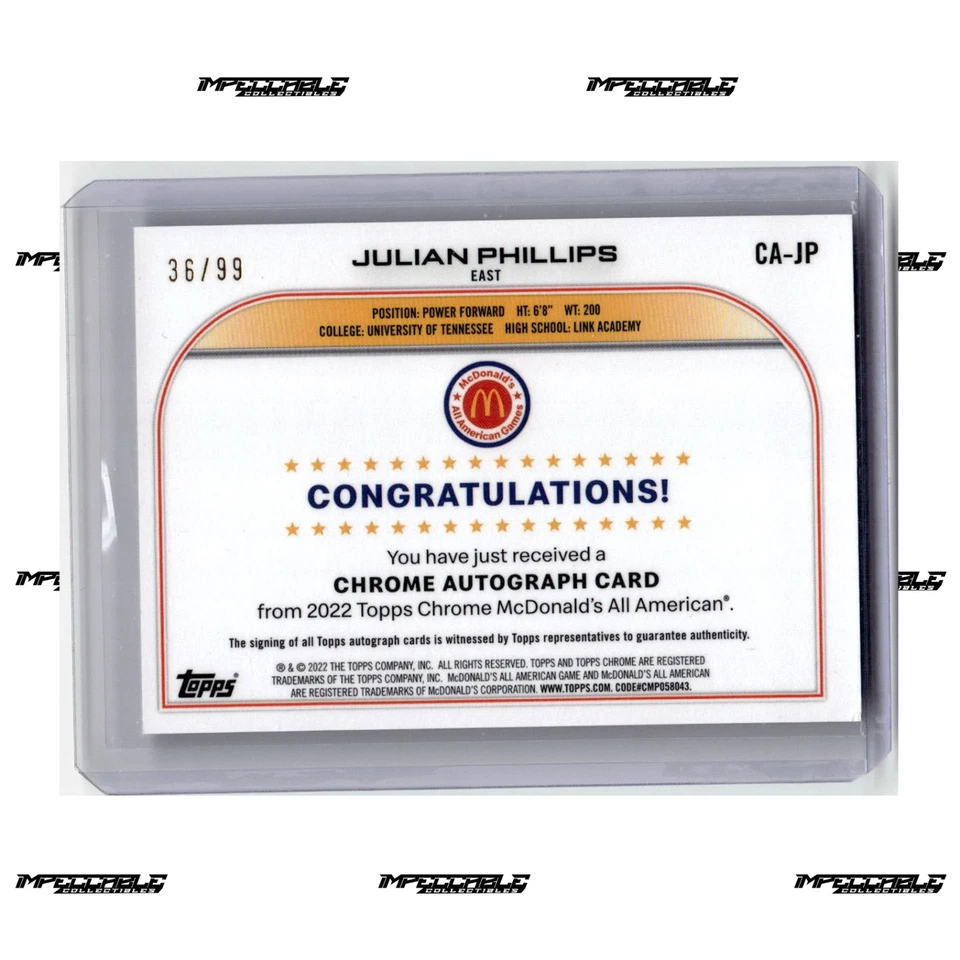 2022 Topps Chrome McDonald's A/A - Aqua #CA-JP Julian Phillips Rookie Auto /99 - Image 2 of 2