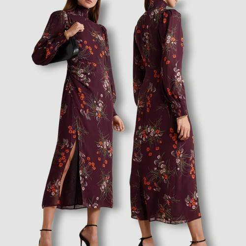 Reformation Aude Dress 12 Emmeline Floral Midi Smocked Turtleneck Wine Burgundy