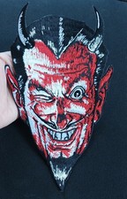 LARGE  Red Devil Winking  Satan Horny Devil  Embroidered Iron On BACK PATCH