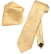 Vesuvio Napoli Gold Color PAISLEY NeckTie and Handkerchief Matching Neck Tie Set