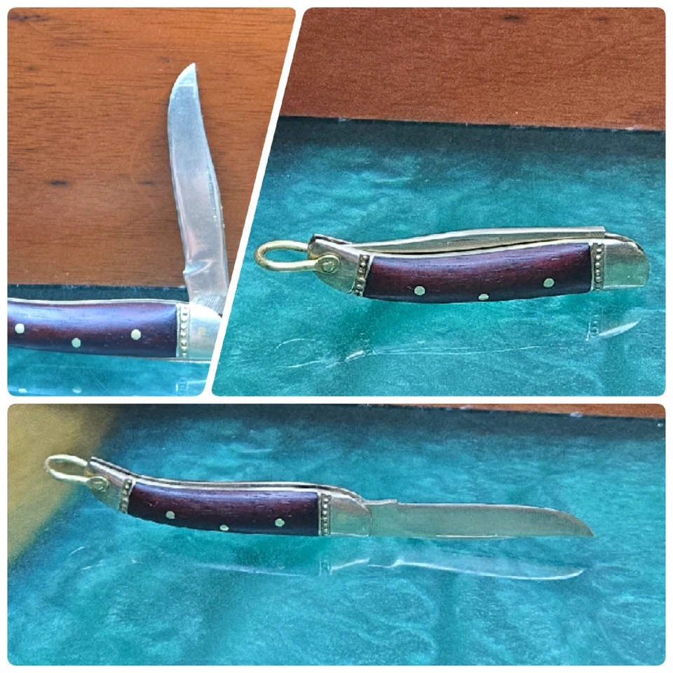 Mini cuchillo de bolsillo con llavero de latón y madera hoja dorada cuchillo plegable vintage🌟¡LIMPIO! Foto 2 de 4