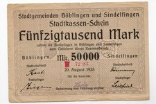 1923 German Notgeld banknote 50,000 Mark BÖBLINGEN SINDELFINGEN Germany note