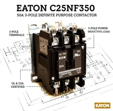 Eaton C25DNF350B Contactor, 3-Pole 50A FLA (65A Resistive) 208/240 VAC Coil, NIB
