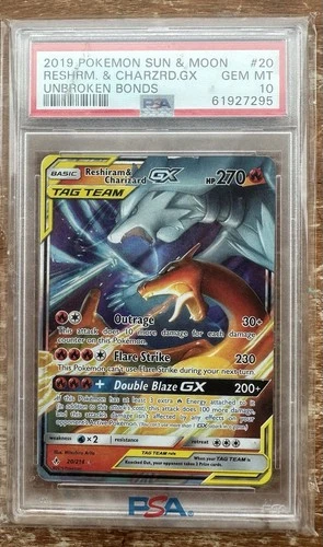 Pokemon Reshiram & Charizard GX Card 20/214 Sun and Moon Unbroken Bonds PSA 10